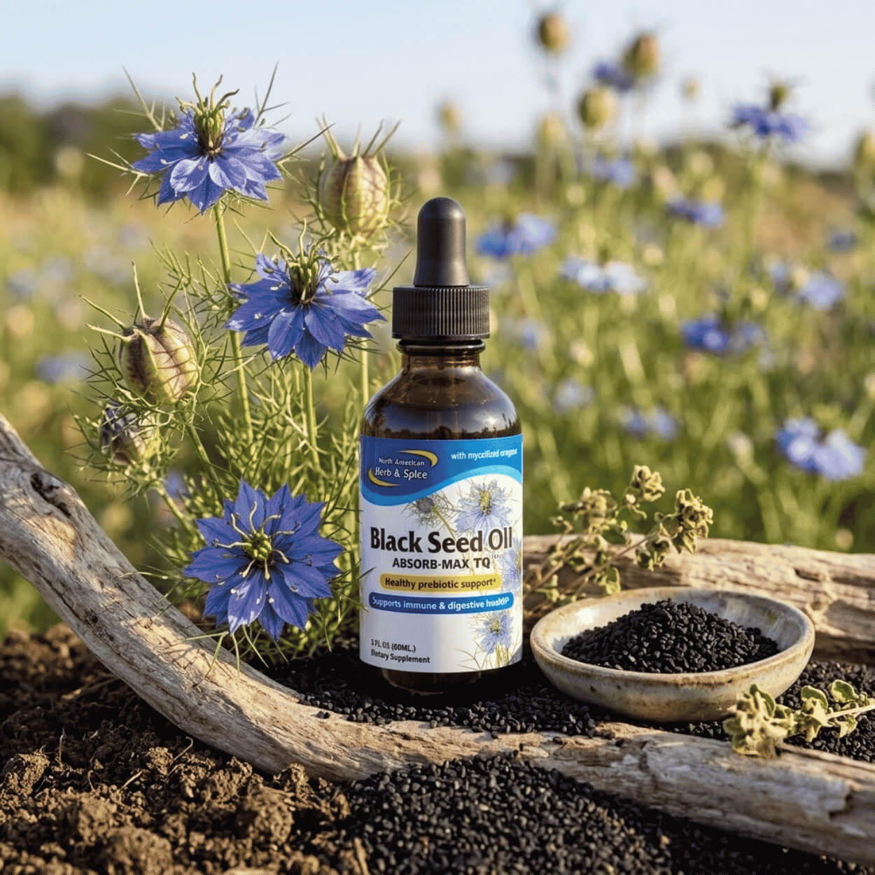 A bottle with a dropper 'Black Seed Oil' stands in nature on old wood surrounded by blooming blue black seed flowers, a bowl of black seeds, and dried oregano against a blurred field background.